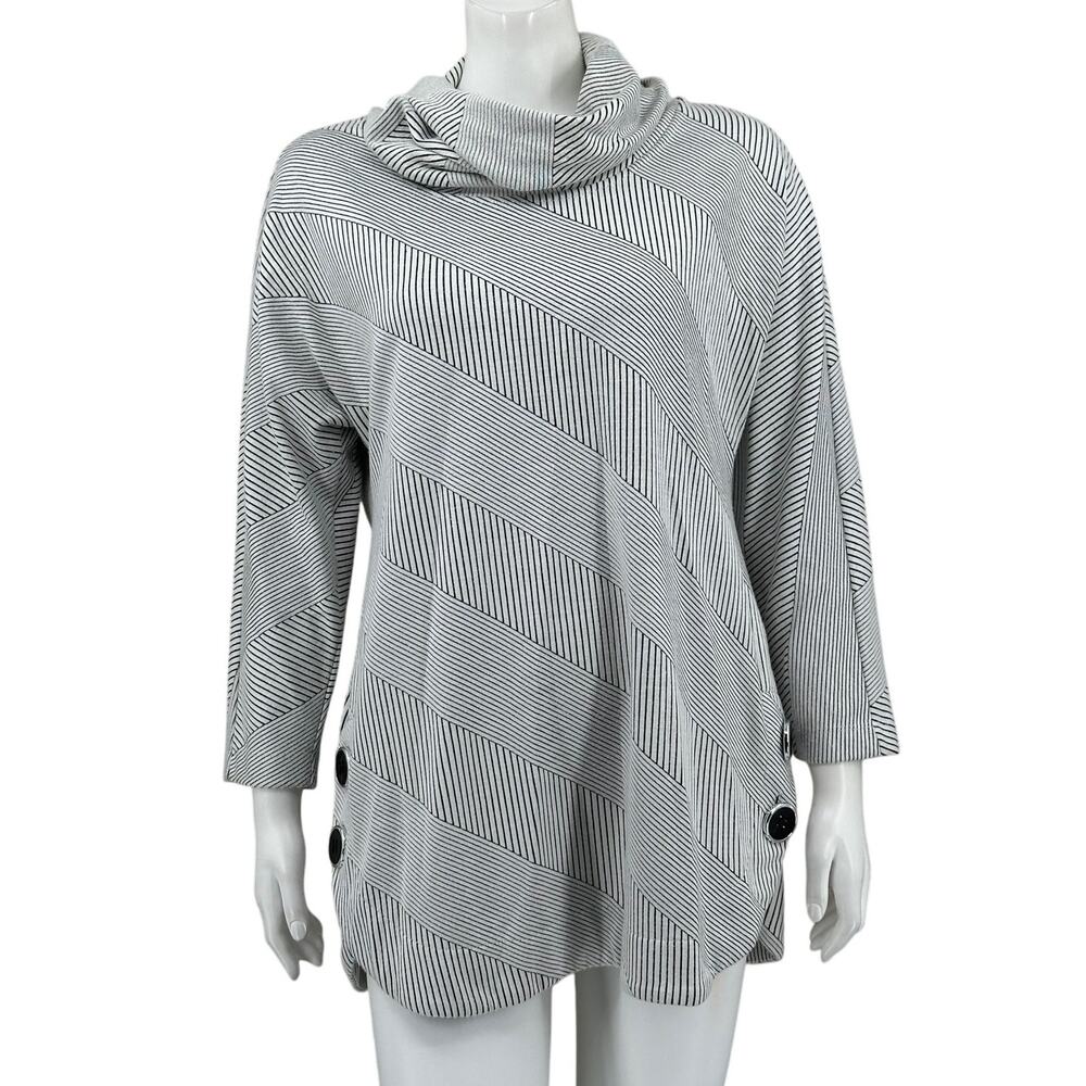 Ali Miles Top Women Small Black Gray Stripe Cowl Neck Tunic Oversized Artsy Boho